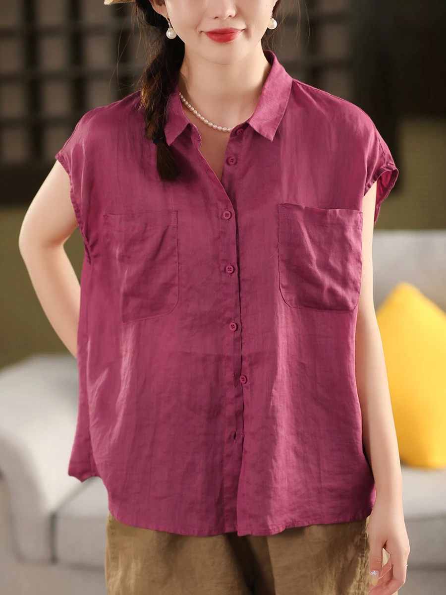 

Retro Double Branch 00 Flax Casual Thin ort Sve irt Women's Turn-down Collar Summer Top Garden Beau Clothes