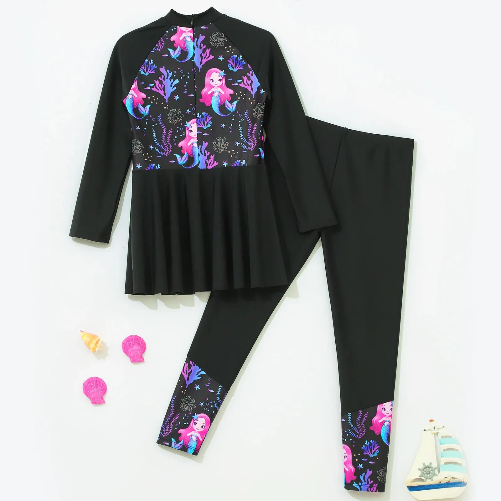 2Pcs Girls Mermaid Print Swimsuit Swimwear Long Sleeve Swim Dress And Leggings Set Full Sun Protection Rash Guard Bathing Suit