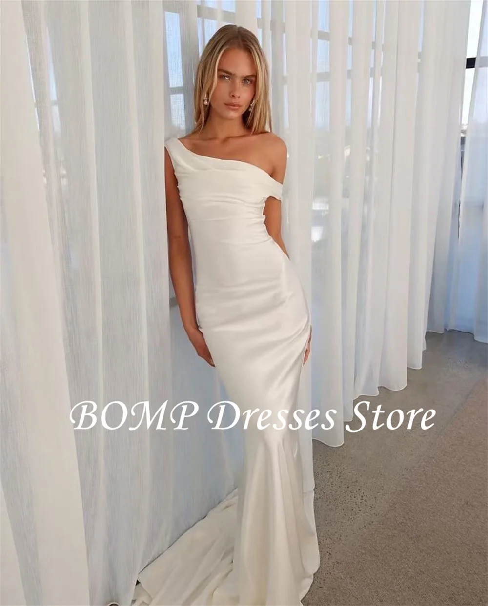 BOMP Sexy Off Shoulder Mermaid Evening Dresses Sleeves Silk Floor Length Wedding Gowns Boho Beach Formal Party Dress Customized