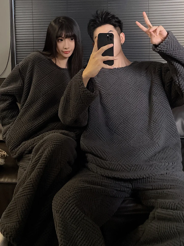 DAIMELU autumn and winter sleepwear couple pajamas women's coral fleece flannel thickened warm men's high-end loungewear suit