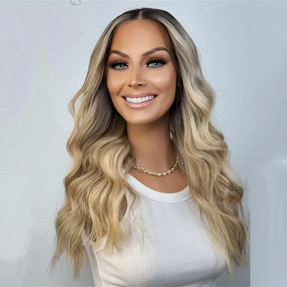 

Balayage Blonde Wig Brown Ombré Root Wig 18" Long Blonde Lace Front Wig for Women Cosplay Daily Use Synthetic Wig Futura Fibre