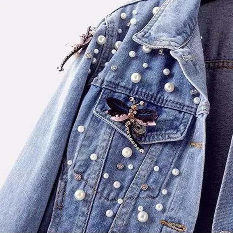 Autumn Denim Jacket Coat Women Beading Loose Overcoat Jeans Jacket Basic Coats Long Sleeve Casual Outerwear Female Spring