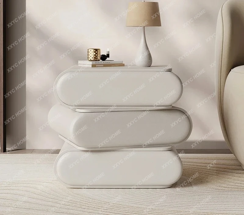 High-end Italian three-layer creative rotating bedside table solid wood leather bedside table