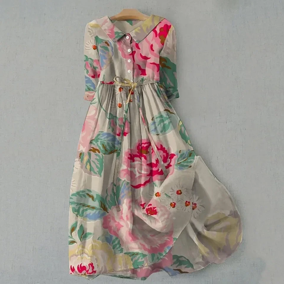 Women Korean Lace Up Waist Dresses Summer Half Sleeve Trendy A Line Shirt Midi Dress Ladies Elegant Vintage Flower Tunic Dresses