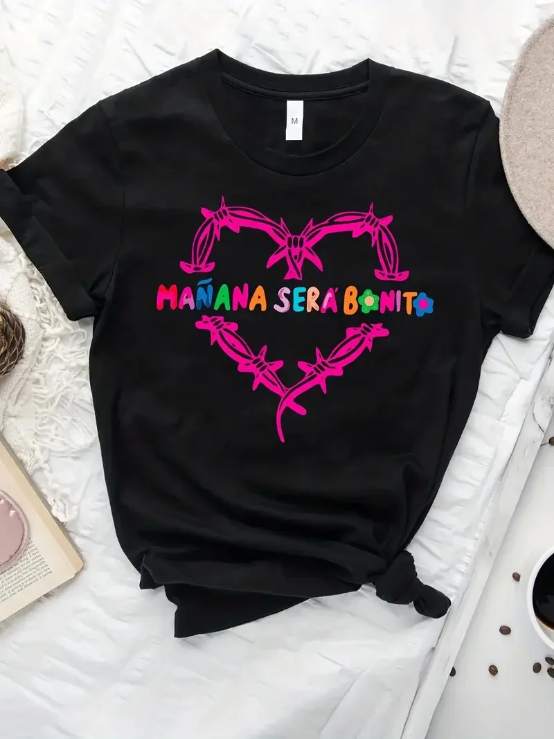 Camiseta con estampado de corazón para mujer, Top informal de manga corta con cuello redondo para verano y primavera