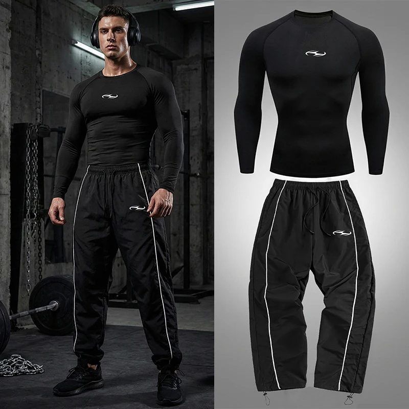 Conjunto Deportivo de 2 Piezas con Estampado de Iconos para Hombre, Ropa Deportiva para Gimnasio, Entrenamiento, Correr, Camiseta de Manga Larga y Pantalones de Compresión, Pantalones Deportivos
