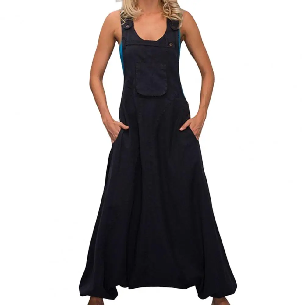 

Chic Women Overalls Buttons Loose Type Sleeveless Wide Leg Super Deep Crotch Women Romper