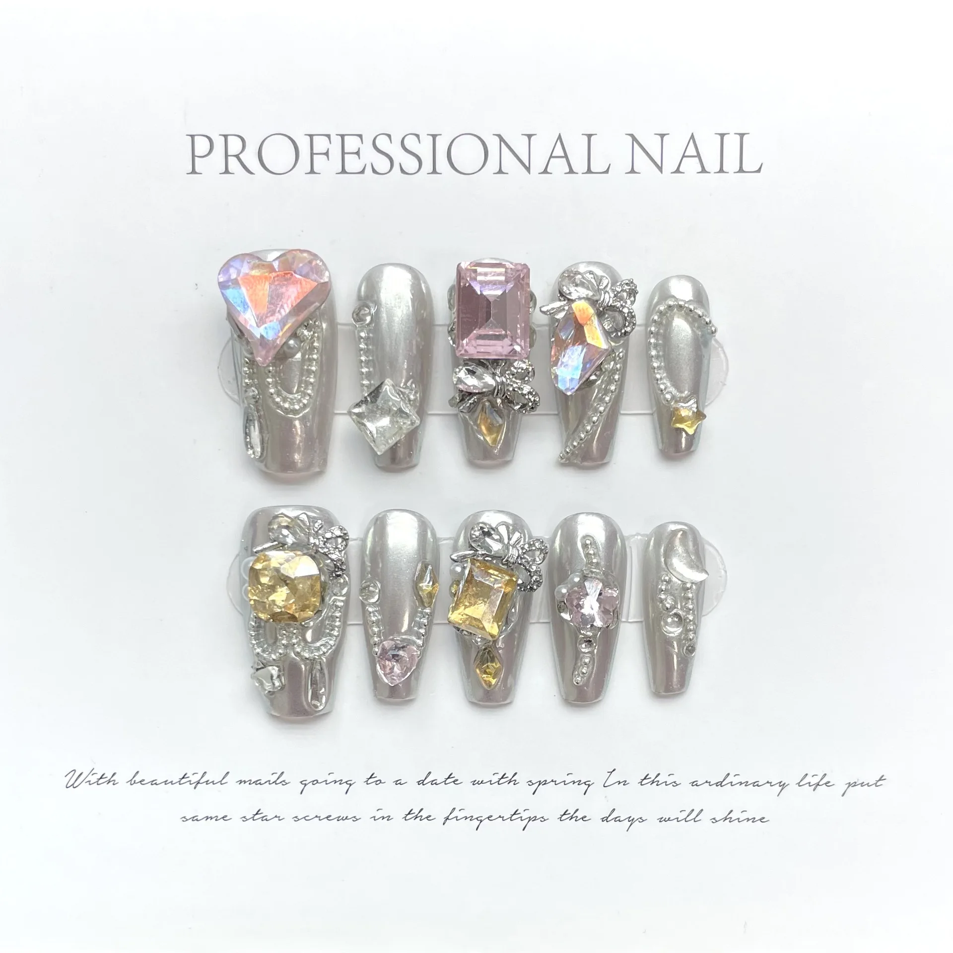 

10 шт., ручная работа, пресс для ногтей, серебряное зеркало, длинные накладные ногти с дизайном, блестящий алмазный бант, Y2K, накладные ногти Spice Girl