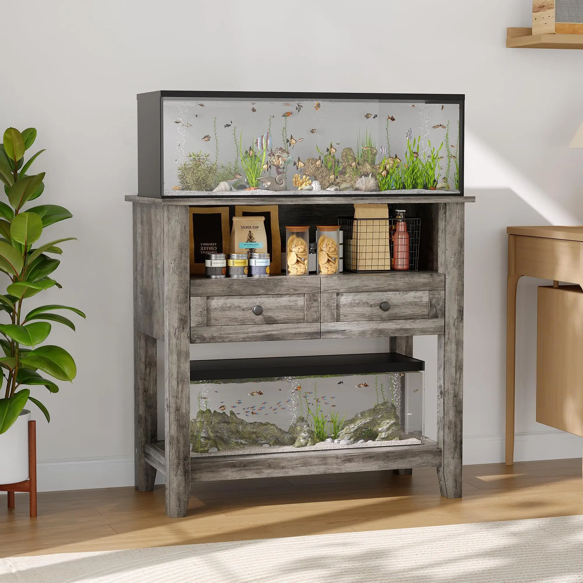 Heavy Duty Aquarium Stand for 20-29 Gallon Tanks - Charging Station, Drawers & Open Storage - Supports Fish, Reptile