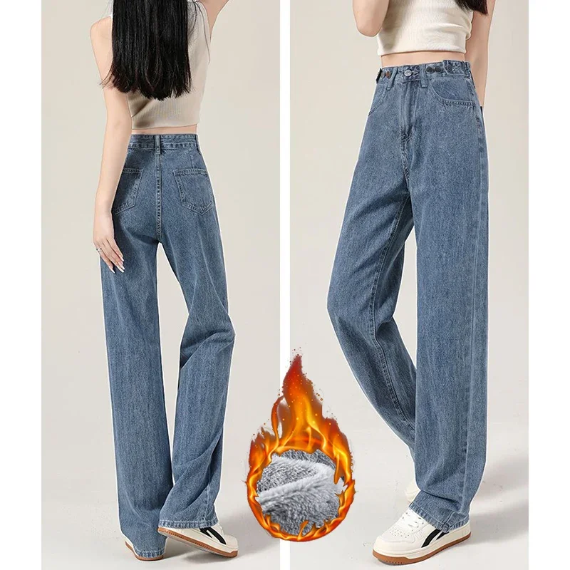 

Winter Lady Ins Fashion Plush Thermal Jeans Girls Snow Warm Fleece Thicken Denim Pants Female Classic Straight Leg Trousers