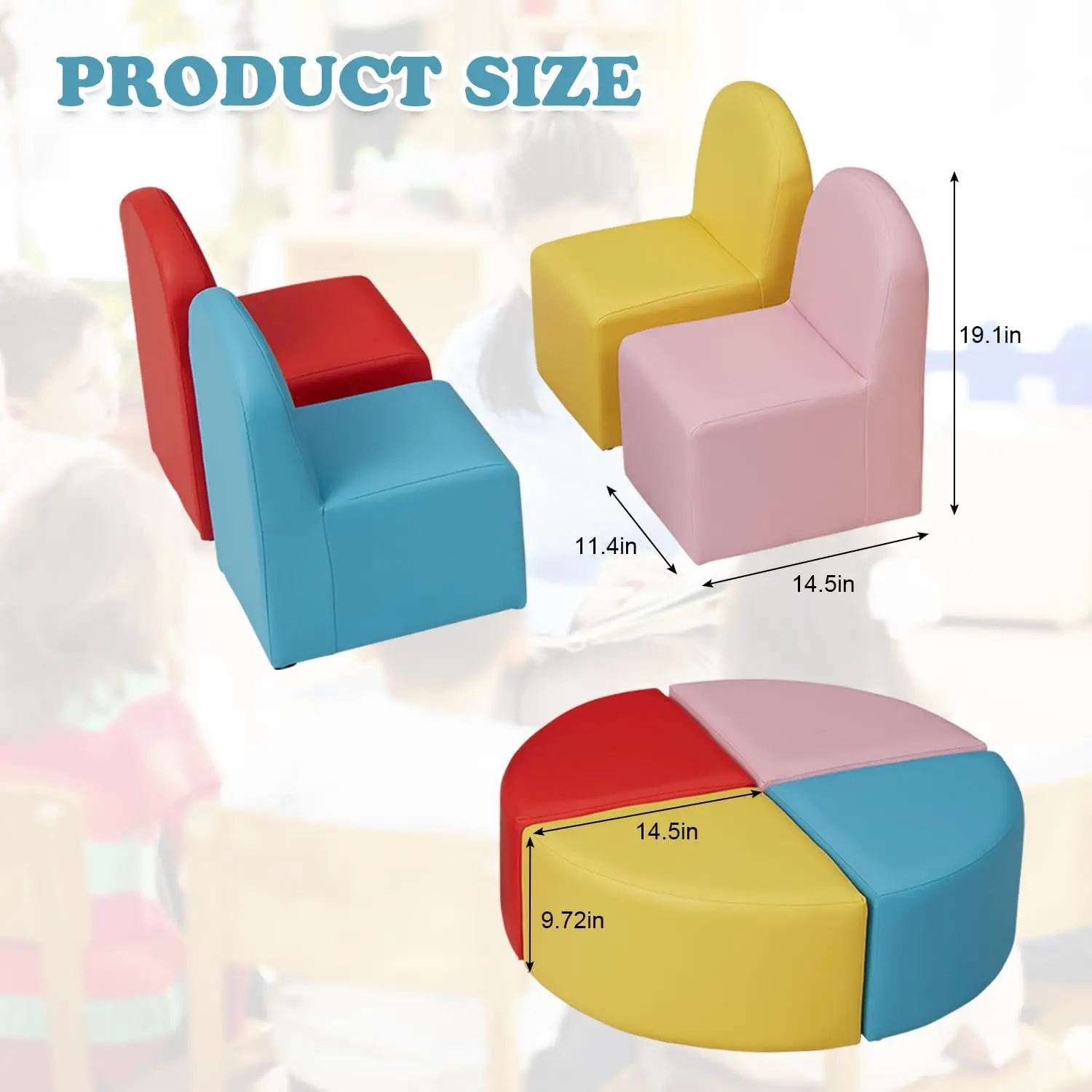 Kids Sofa Seating Set Convert to Table and 4 Chairs Colorful Stools for Toddlers Soft Foam Play 8 PCs Set for Classroom