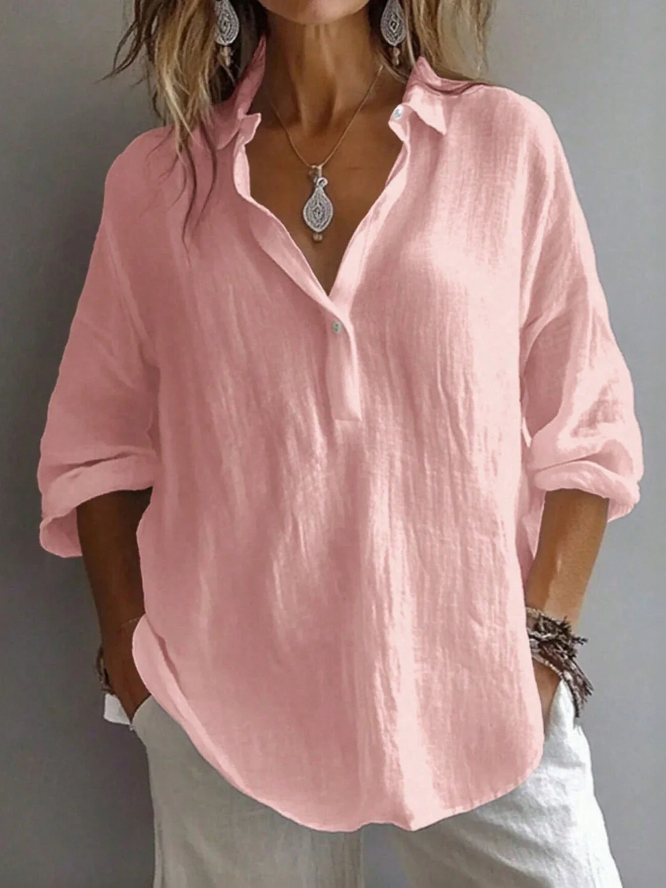 

Plus Size Women Solid Color Casual Long Sleeve Shirt With Turn-Down Collar Button Up Pink Spring