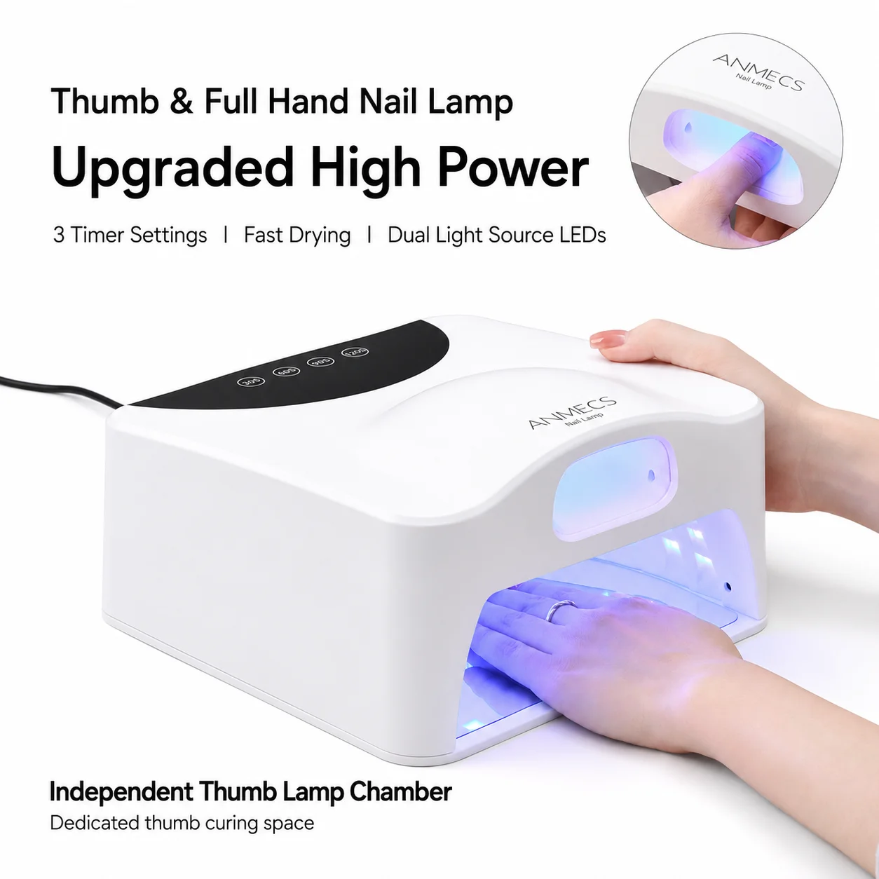 2-in-1 Thumb & Full Hand UV LED Nail Lamp Fast Drying Nail Dryer with Magnetic Mirror Base Smart Auto Sensor for Gel Nails