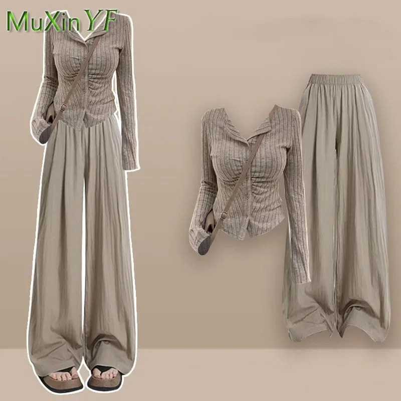 

Women's Autumn New Fashion Tracksuit Matching Set 2025 Korean Elegant Long-sleeve Cardigan Top+Loose Wide Leg Pants 2-Piece Suit