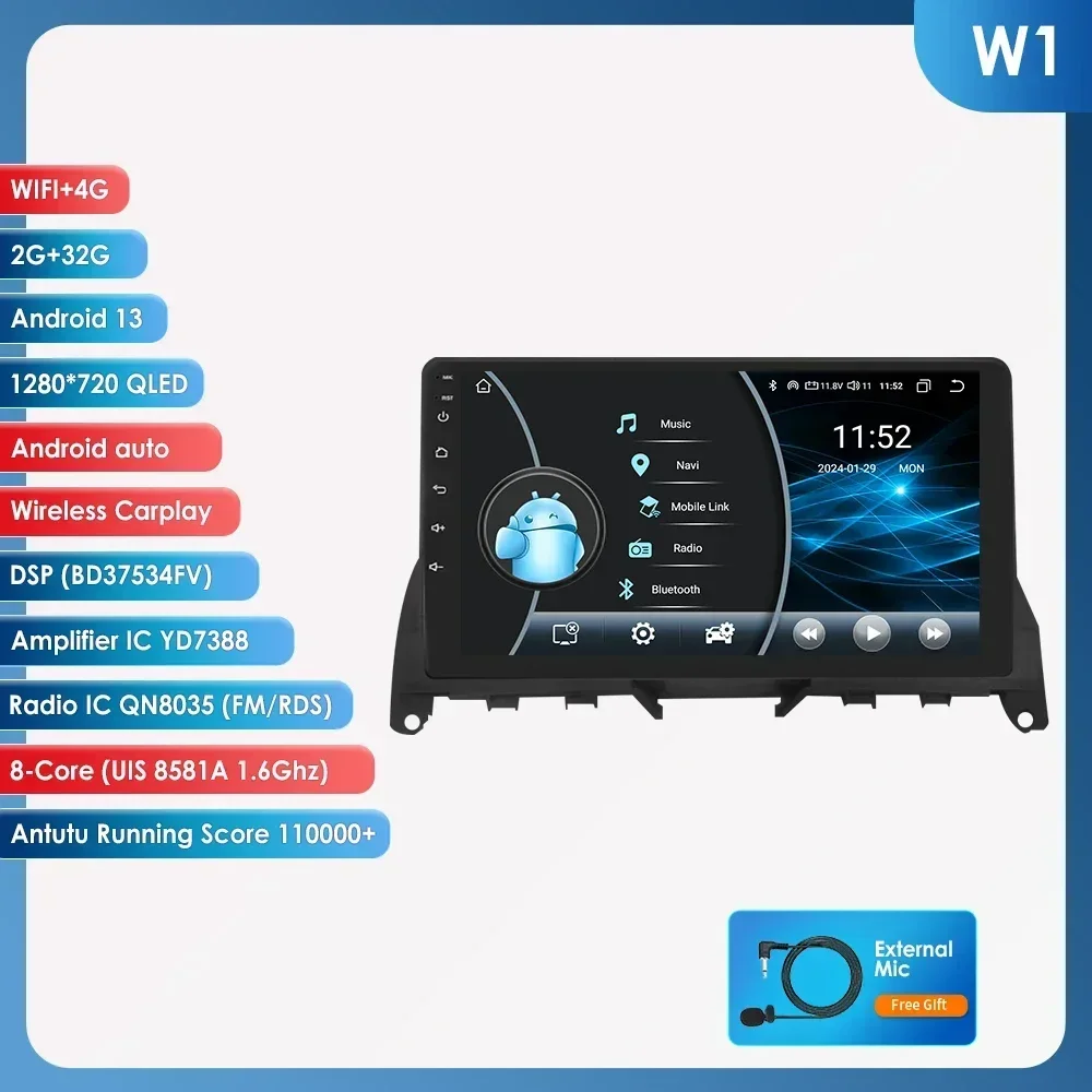 OSSURET 6115 Android speler voor Mercedes Benz C W204 S204 2007-2010 Carplay autoradio multimediasysteem 9 inch 8-core GPS touchscreen