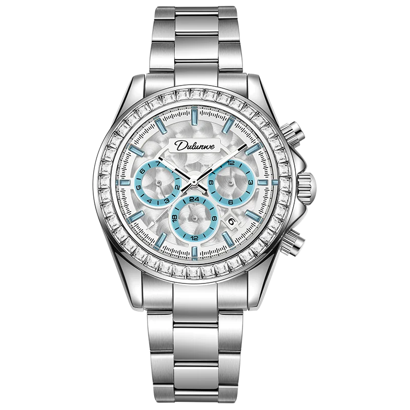 Dulunwe Blue Three-Eye Six-Hand Multi-Functional Automatic Mechanical Men'S Watch With Skeleton Design, Round Dial, Casual Style