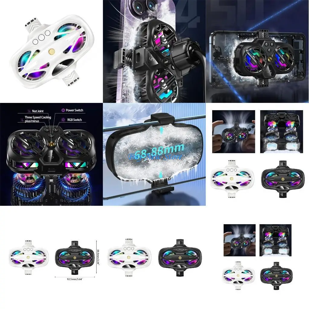 

20CE Double Fan Radiator 3 Gear Phone Semiconductor Heat Sink with RGB Light 1/4'' Hole Back Clip Type