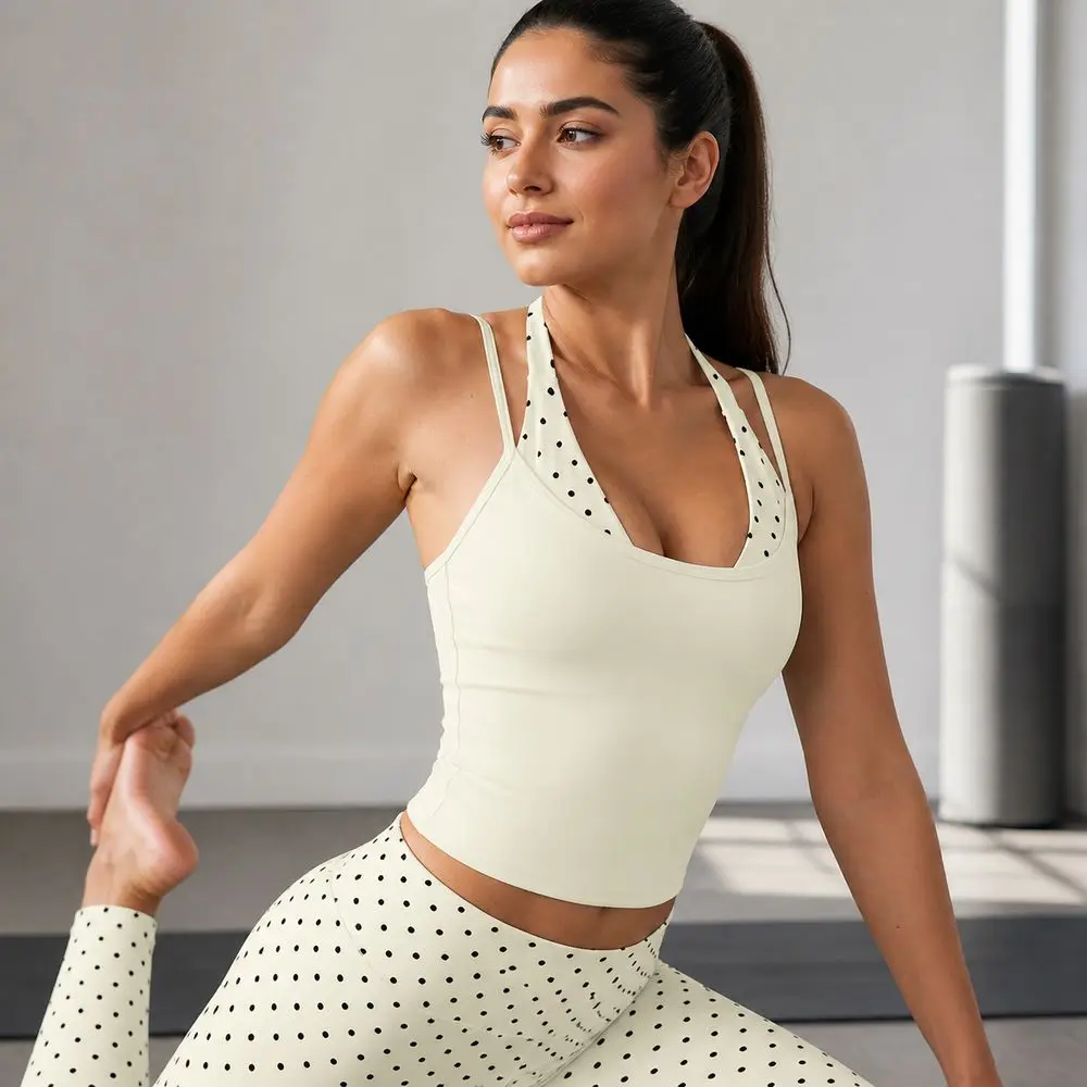 Polka Dot Yoga Tank Top Built In Bra Removable Padding Workout Tank Top Faux Layered Double Strap Sports Bra Tank Yoga Practice