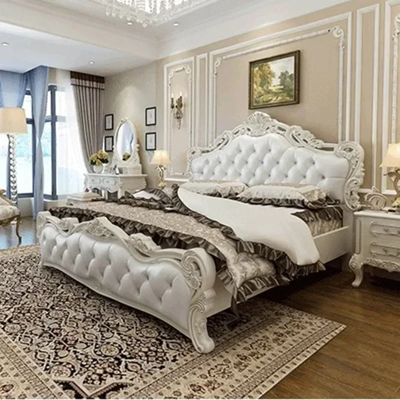 Minimalist European Double Bed White Villa Glamorous Wood Luxury Twin Bed Frame Headboard Nordic Cama Entrance Hall Furniture