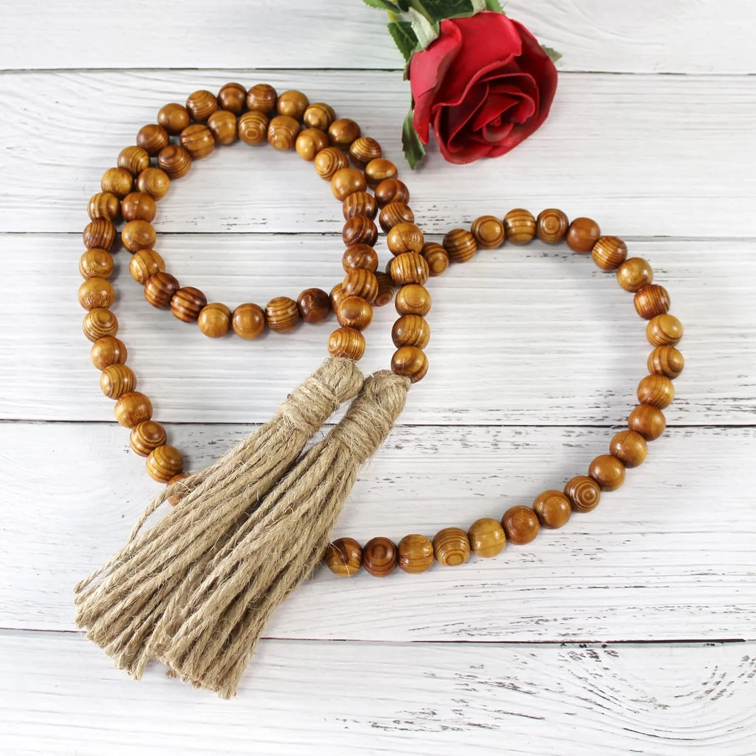 Wood Grain Beads Garland with Tassels Farmhouse Rustic Wooden Prayer Bead String Wall Hanging Accent for Home Festival Decor