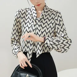 Chiffon Vintage Women Blouses Spring/Summer Bow Loose Plaid Clothing Sales Long Sleeve Korean Tops Striped Women's Shirts