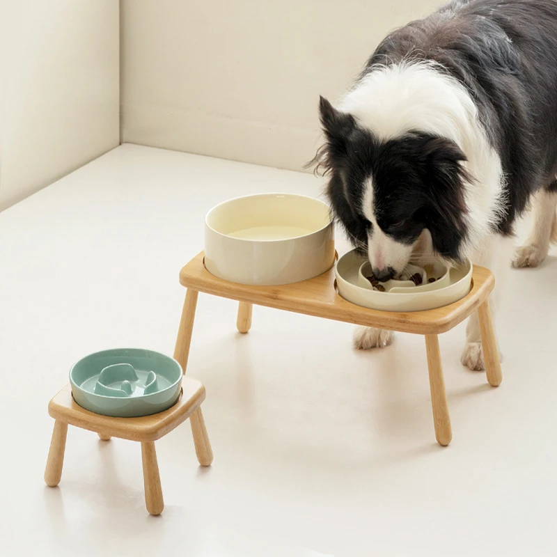 Dogs Food Water Bowl Ceramic Pet Slow Feeder Elevated Medium Big Dog Anti Choking Plate Dog Double Bowls Dining Table