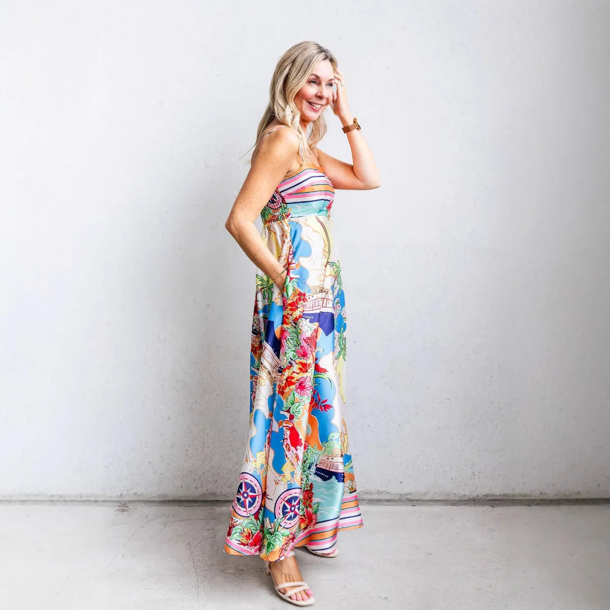 Letnia europejska i amerykańska nowa odzież damska Sukienka z wysokim stanem i nadrukiem w stylu wakacyjnym