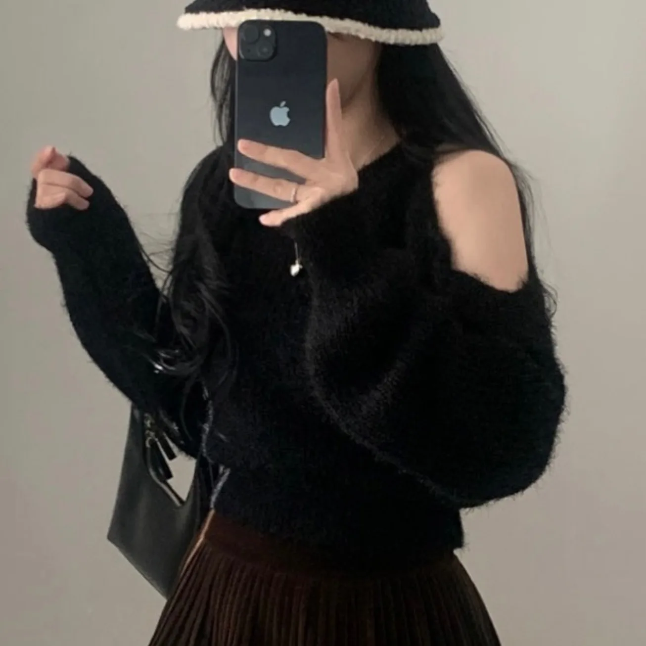 

Chic Ort Oulder Bared Mink Fur Knitted Sweater Round Ne Sexy Plu Autumn Winter Faion Women's Color Commute Sle