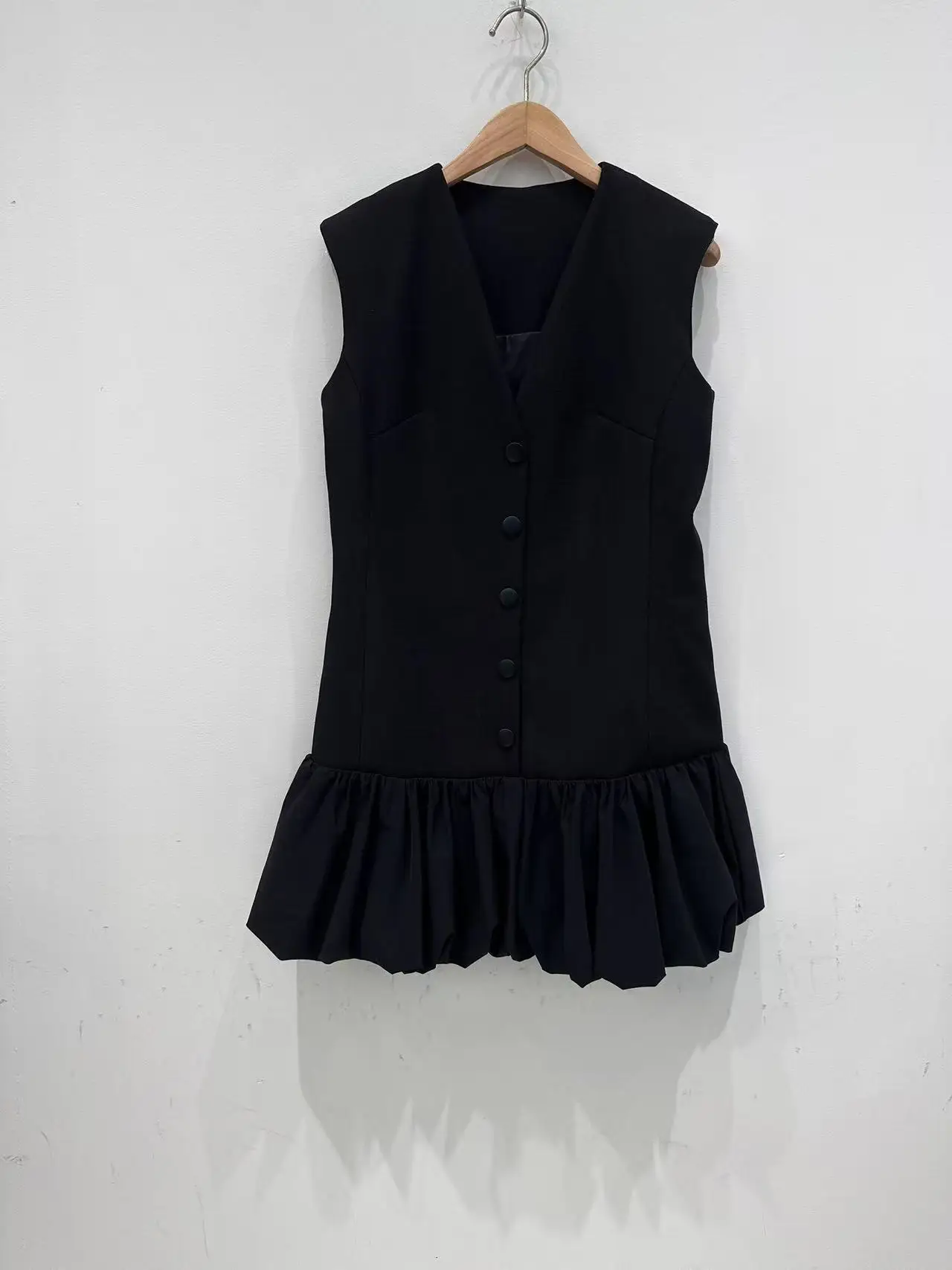 

Early Autumn Women's Black V-Neck Mini Dress Sleeveless Single Breasted Lady Spliced Ball Gown Robe
