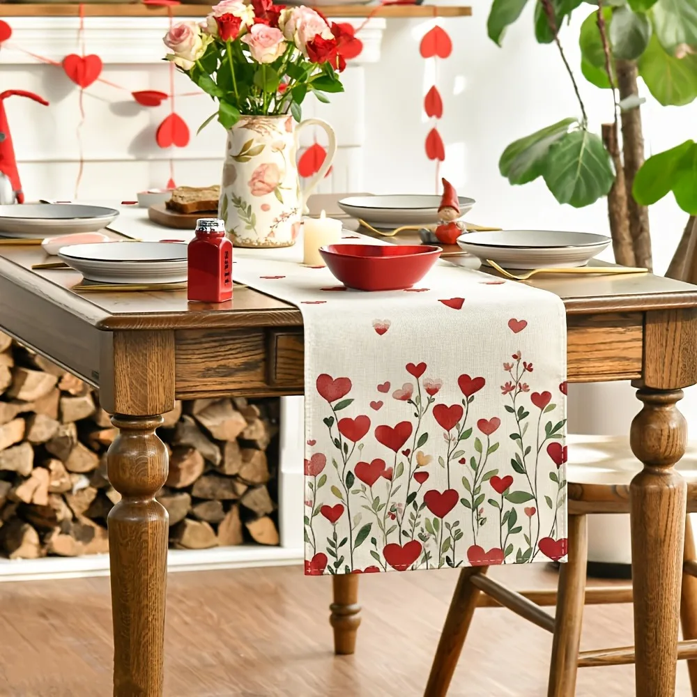 Romantic Heart Flower Table Runner, Watercolor Red Hearts Green Leaves Print, Valentine Day Dining Table Home Decoration