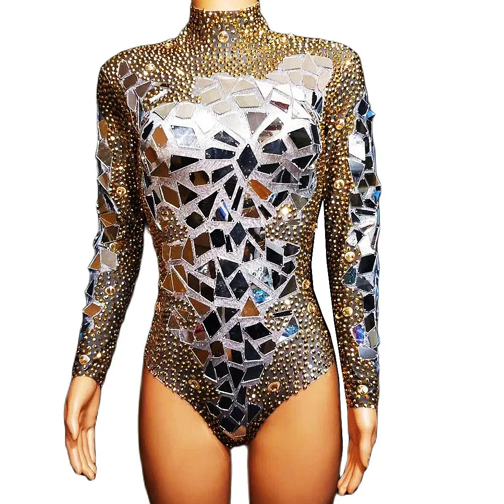 

Shining Gold Rhinestone Sequins Sexy Women Bodysuits Pole Dance Stage Perform Drag Queen Costume Party Nightclub Bar