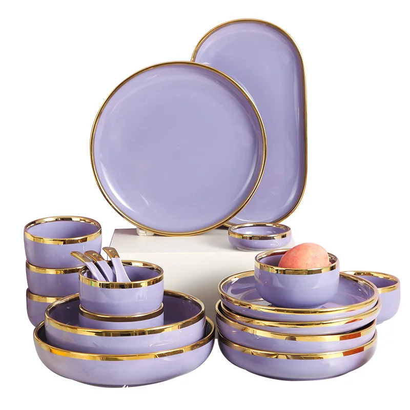 Bright Purple Porcelain Dinner Tray Kitchen Plates With Gilt Rim Ceramic Tableware Food Dishes Rice Salad Noodles Bowl