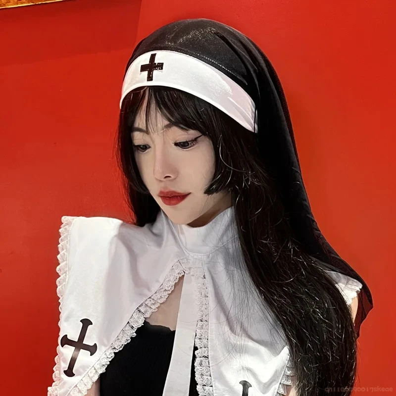 Halloween cruz gótico freira chapéu feminino renda lenço xale véu escuro cocar boné acessórios de fantasia