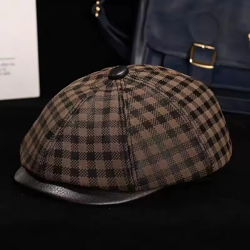 spring-genuine-leather-sheepskin-beret-hat-warm-cotton-padding-men's-cap-brown-black-duck-style