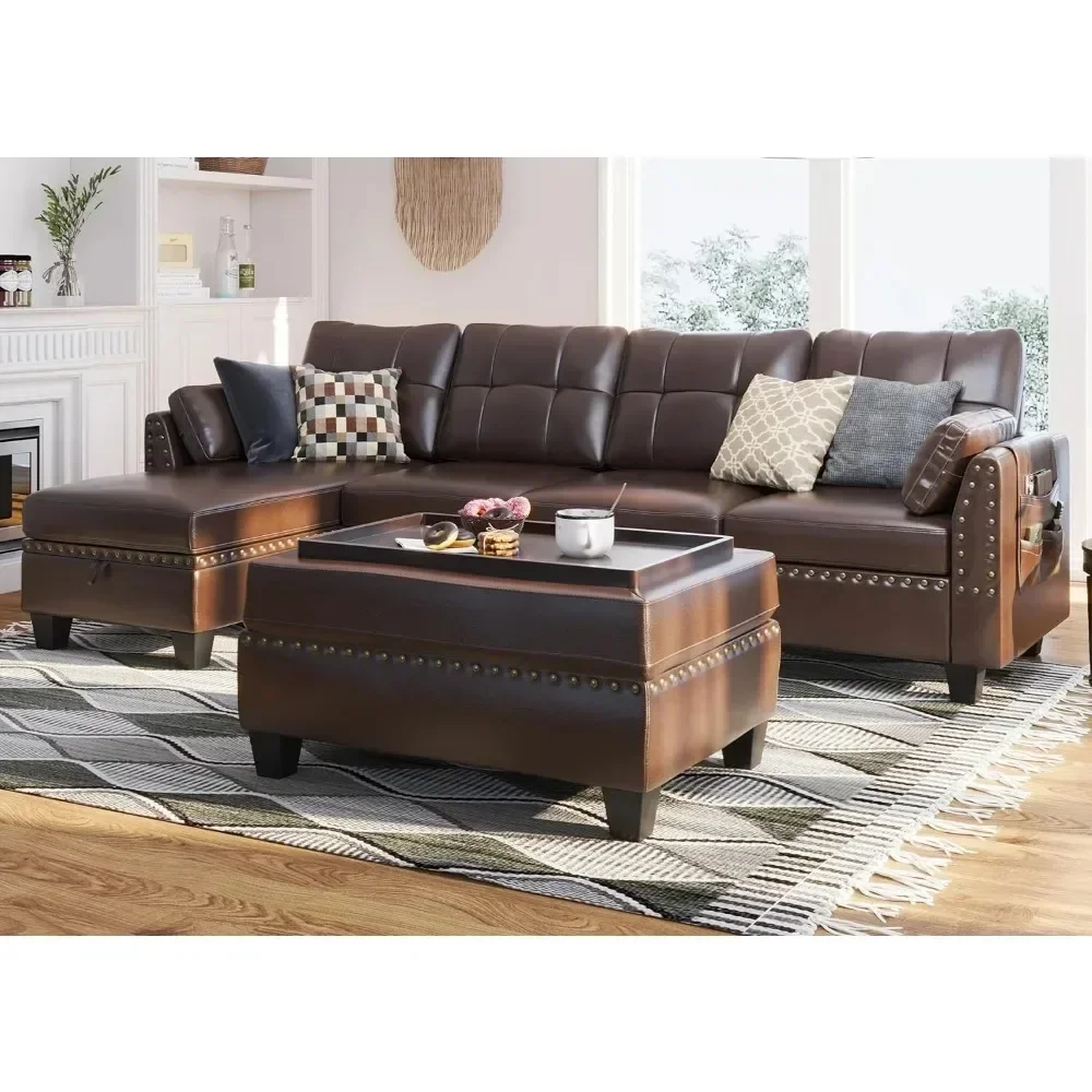 

XMSJ Leather Sectional Sofa with Ottoman - Easy Assembly, Storage Space,Living Room Sofa