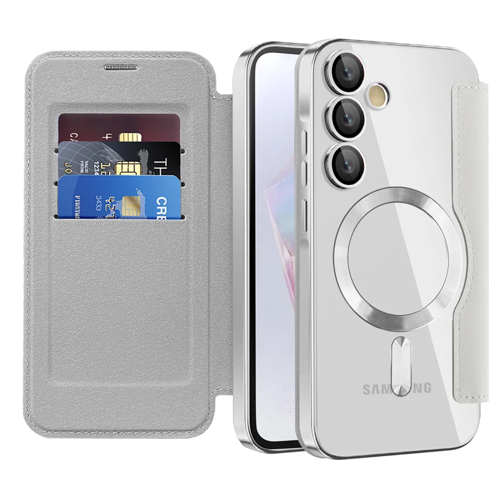 Luxury Flip Leather Card Clip Magnetic Phone Case for Samsung S26 S25 Edge S24 S23 Ultra S22 Plus A55 A35 Clear Wallet Cover
