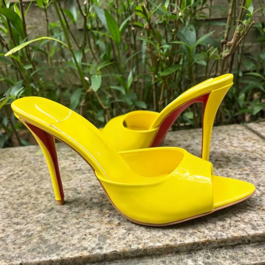 Women Bright Yellow Patent Leather Mule Slides Peep Open Toe Slip On Thin Stiletto Red Sole Summer Club High Heels Party Slipper