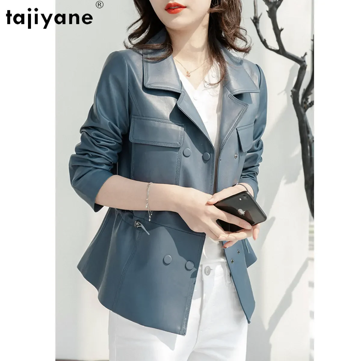 Tajiyane Elegant Leather Jackets for Women 2023 Genuine Sheepskin Leather Jacket Women Waist Drawstring Slim Leather Coat Top