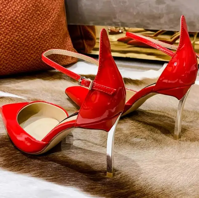 

Summer Back Covered Blade High Heel Sandals Ankle Strap Pointed Toe Green Red Patent Leather Women Sexy Banquet Shoes