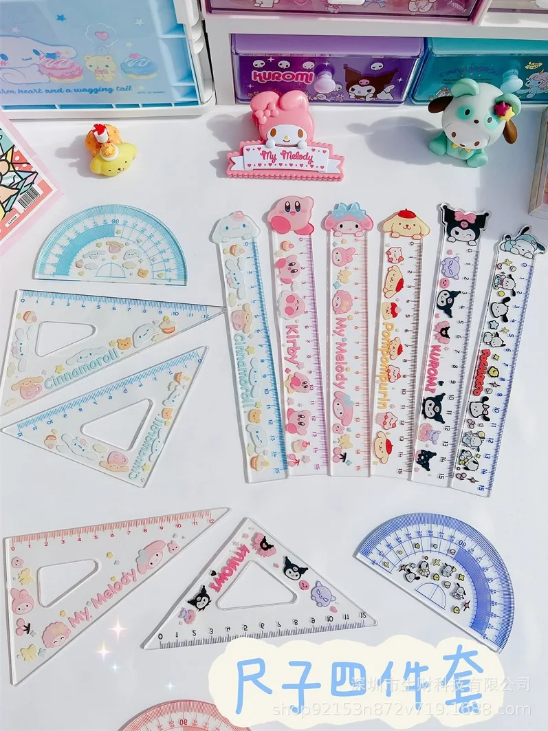 Cartoon Sanrio Acrylic Students Four-Piece Set Ruler Creative Cute Kuromi Cinnamoroll Standard Measurable Drawing Triangle Ruler