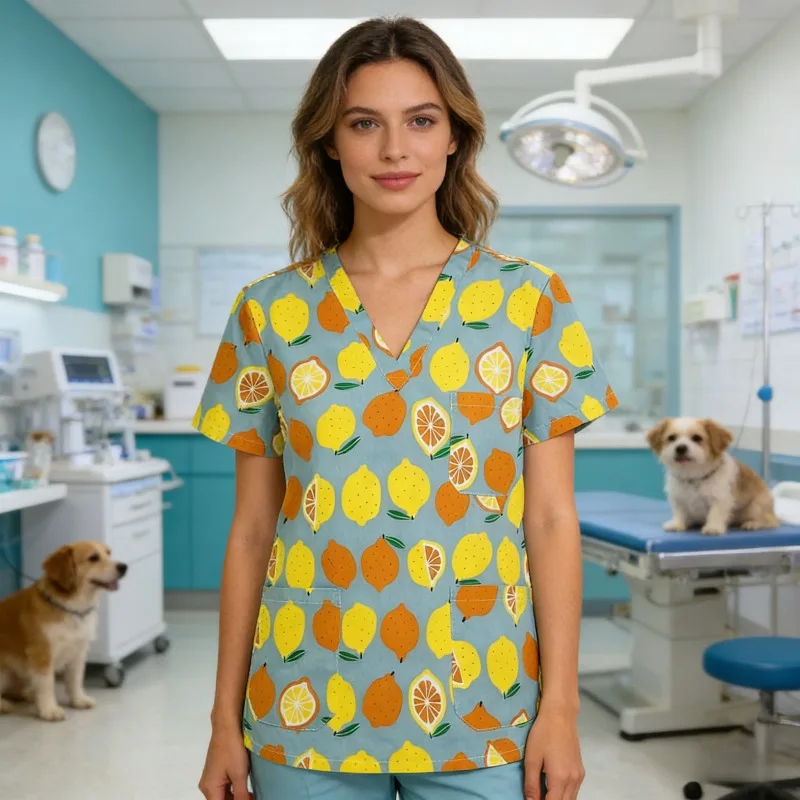 Printed V-neck short-sleeve T-shirt, dental and oral scrub top, workwear for medical staff in beauty salons and pet hospitals
