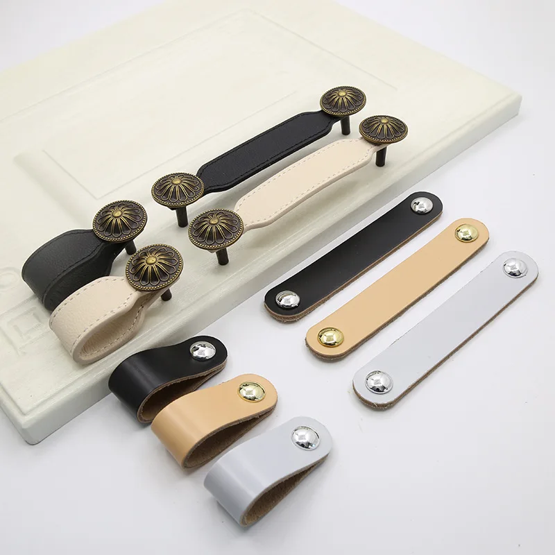 Nordic Cowhide Wardrobe Drawer Door Leather Handle Modern Pull Furniture Cabinet Door Handles Kitchen Wardrobe Cabinet Knobs