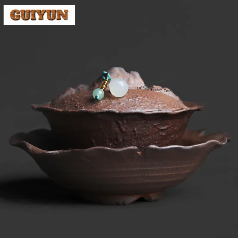

Чайная чаша Гайвань из грубой керамики с минералами, 120 мл, в античном стиле, с крышкой, набор для заваривания чая, декоративная чаша, подарок