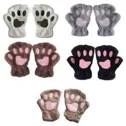 Plush Bear Cat Paw Claw Winter Gloves Soft Warm Flip Half Finger  Girls Christmas Gifts Mittens Women Cute Girls Christmas Gift