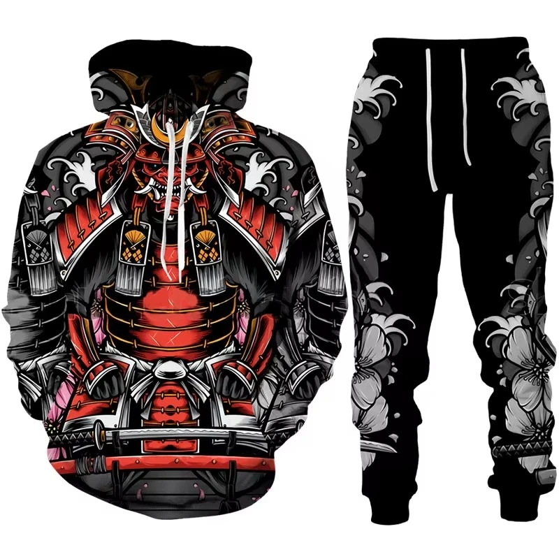 Spring/Fall Men's Hoodie Set Japanese Samurai Print Hoodie & Casual Stylish Sweatpants—Soft And Comfortable Two-Piece Set