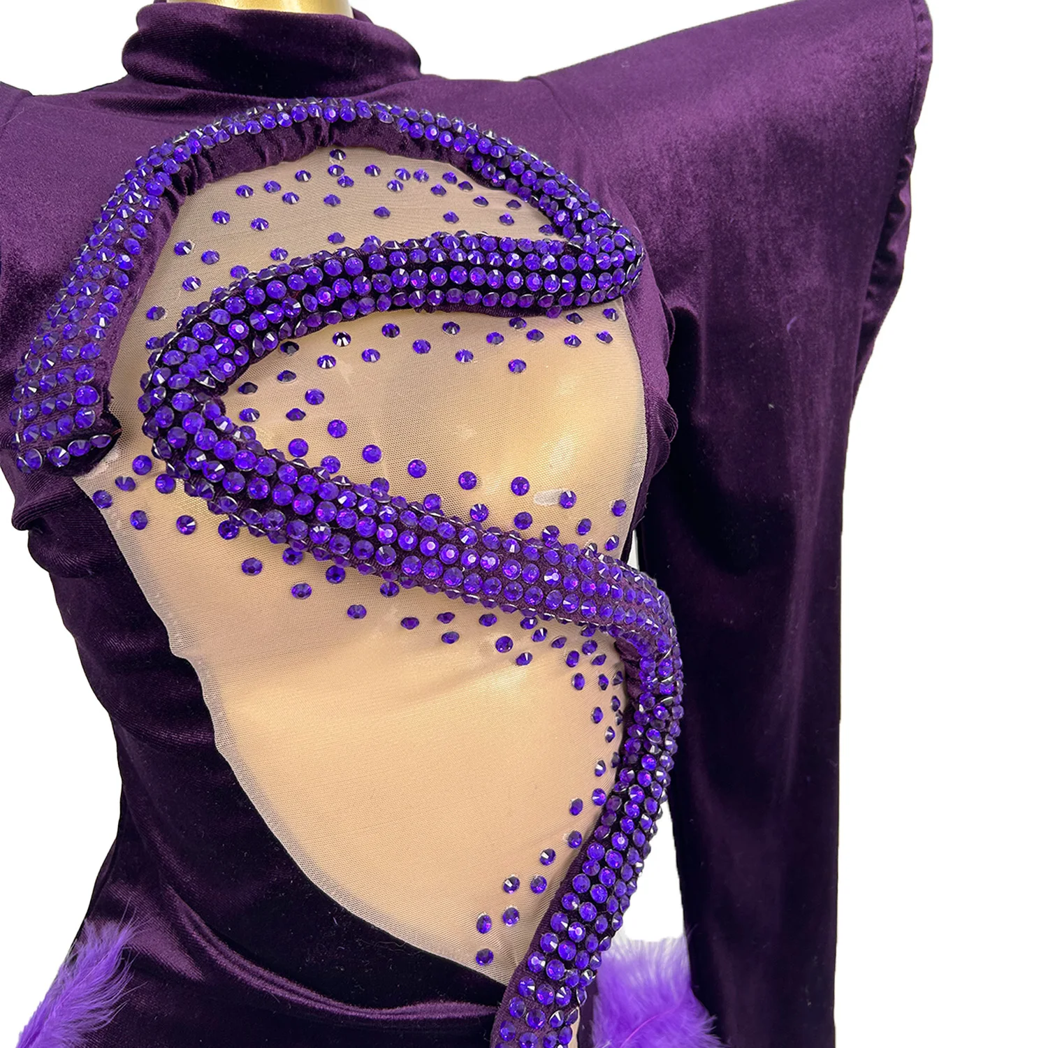 

Unique Purple Feather Elegant Dress for Women Celebrate Costume Evening Party Dress Blingbling Diamonds Birthday Gowns Shelifu