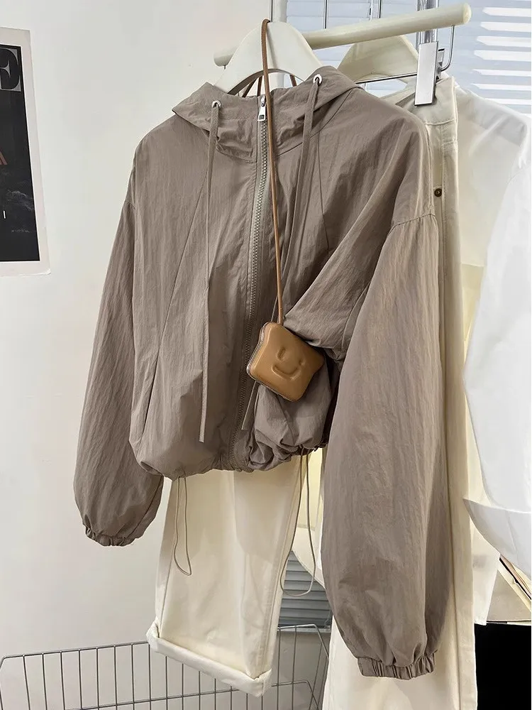 SMVP White Hooded Women's Jack Summer Design Sensation American Retro High-End Feeling Windbreaker Outerwear Breathable Long Sve