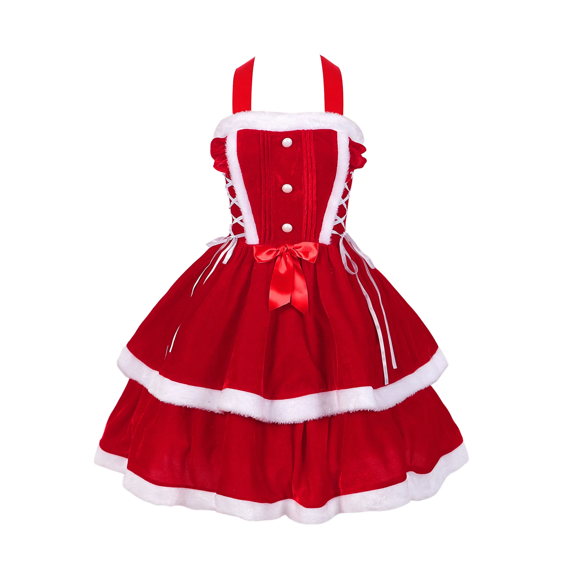 New Year Women's Red Party Dress Mrs Santa Claus Costumes Halloween Costumes with Hooded Cloak Cute Christmas Cosplay Costume