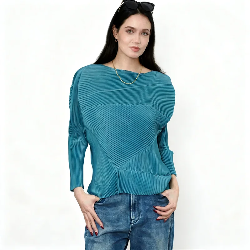 Miyake Pleated Women's Casual Tops 2026 New Japanese Design Solid Color Loose One-line Collar Long-sleeved Irregular Pullover