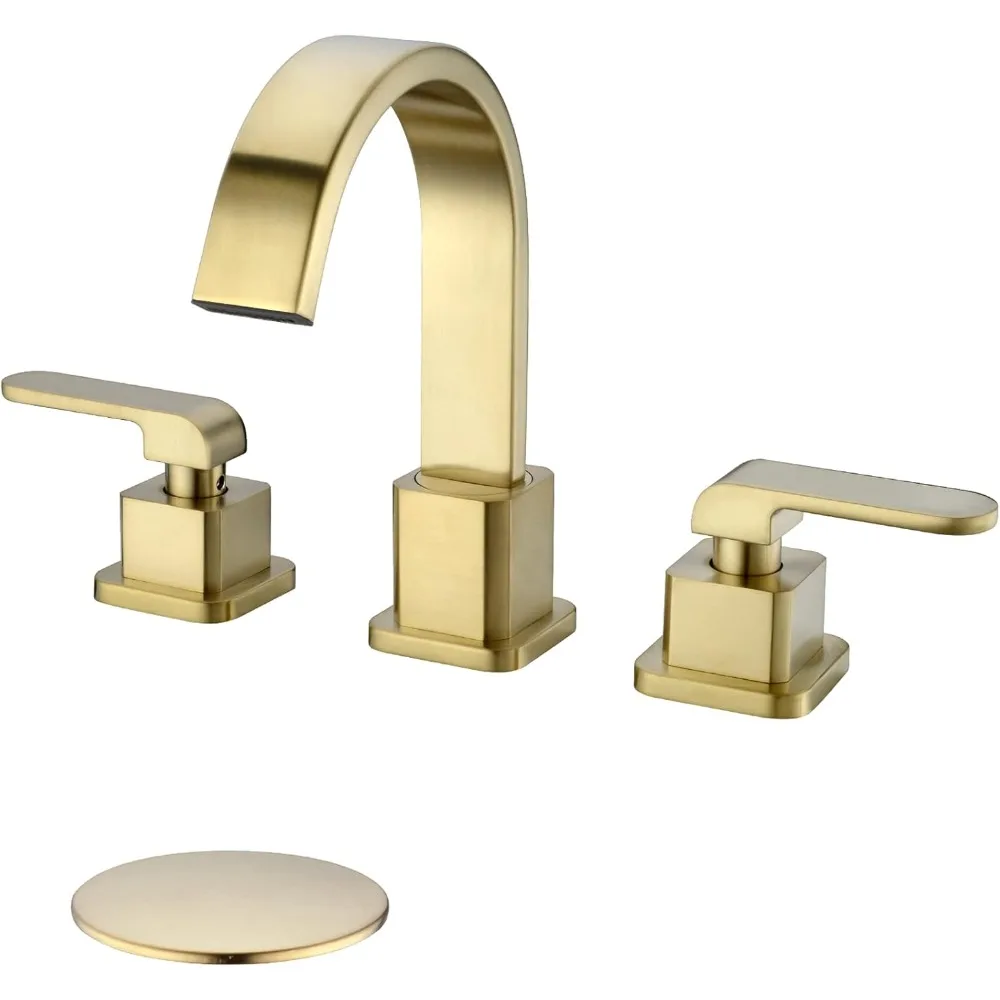 

2-Handle 8-Inch Widespread Brass Square Waterfall Faucet, Bathroom Vanity Basin Mixer with Pop-Up Drain (Brushed Gold)